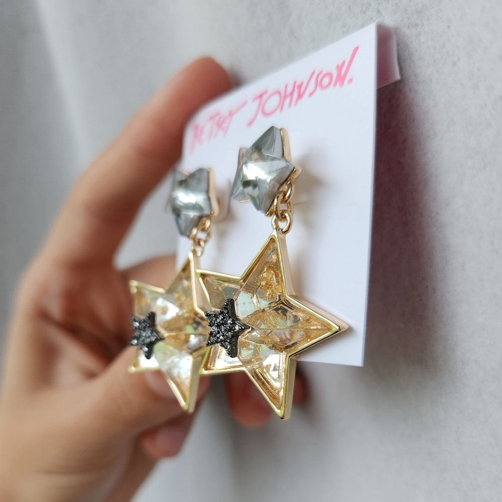NWT Betsey Johnson Celestial Double Star Drop Earrings, Silver/Gold, Lightweight - Picture 8 of 10